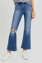 RISEN Women's Distressed High Rise Crop Flare Jeans - Trendy Denim Fashion